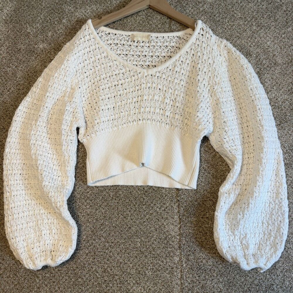 Altar'd State Crop Sweater Womens Small White Crochet Open Knit Balloon Sleeve